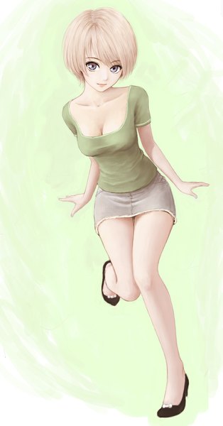 Anime picture 610x1163 with original erurodo (artist) single tall image looking at viewer short hair breasts blue eyes simple background blonde hair cleavage leg lift (legs lift) green background girl skirt miniskirt t-shirt