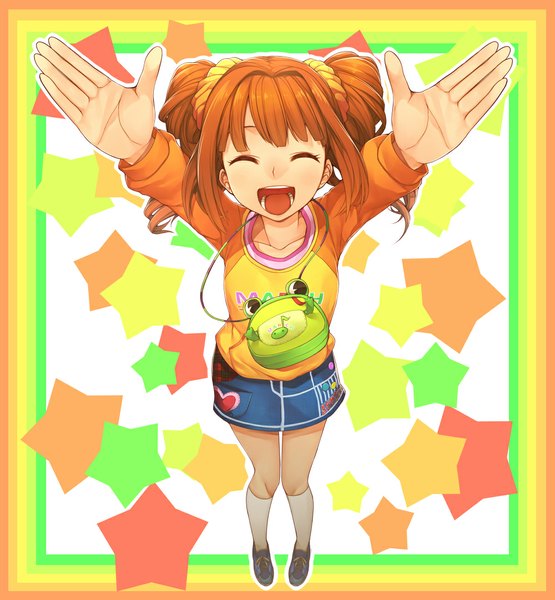 Anime picture 1000x1080 with idolmaster takatsuki yayoi hitoto single long hair tall image open mouth standing twintails eyes closed long sleeves orange hair drill hair happy spread arms girl skirt socks heart star (symbol)