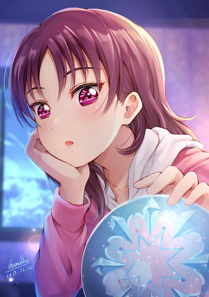 Anime picture 1274x1812 with love live! sunshine!! sunrise (studio) love live! kazuno leah shamakho single long hair tall image looking at viewer signed purple hair pink eyes :o dated alternate hairstyle chin rest hair down girl snow globe