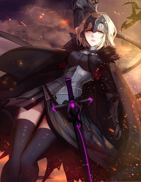 Anime picture 1327x1712 with fate (series) fate/grand order jeanne d'arc (fate) (all) jeanne d'arc alter (fate) shiguru single tall image looking at viewer short hair open mouth blonde hair yellow eyes girl thighhighs dress gloves weapon black thighhighs sword black gloves