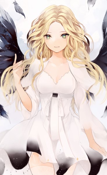 Anime picture 553x900 with original lpip single long hair tall image looking at viewer open mouth blonde hair standing yellow eyes adjusting hair wavy hair black wings girl dress wings white dress feather (feathers)