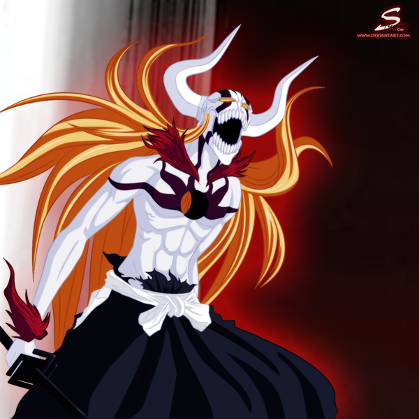 Anime picture 1200x1199 with bleach studio pierrot kurosaki ichigo neee-san single long hair open mouth horn (horns) orange hair orange eyes coloring torn clothes muscle boy weapon sword belt katana cloak mask