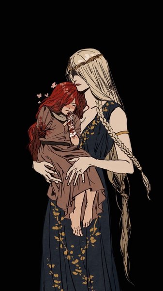 Anime picture 690x1230 with elden ring malenia blade of miquella queen marika the eternal macrophawge (elisathecleanrotknight) long hair tall image blush simple background blonde hair standing multiple girls red hair braid (braids) eyes closed black background blindfold bloody clothes carrying princess carry mother and daughter