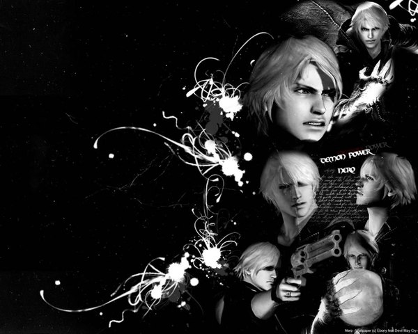 Anime picture 1280x1024 with devil may cry nero (devil may cry) white hair realistic black background monochrome boy weapon gun