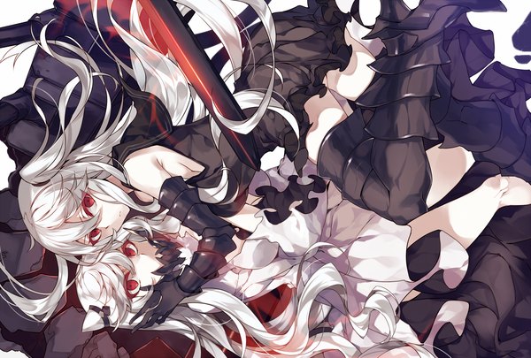 Anime picture 1478x1000 with kantai collection aircraft carrier hime midway hime kureaki (exit) long hair looking at viewer breasts red eyes bare shoulders multiple girls bent knee (knees) white hair lying bare legs one side up glowing hand on face shinkaisei-kan girl thighhighs