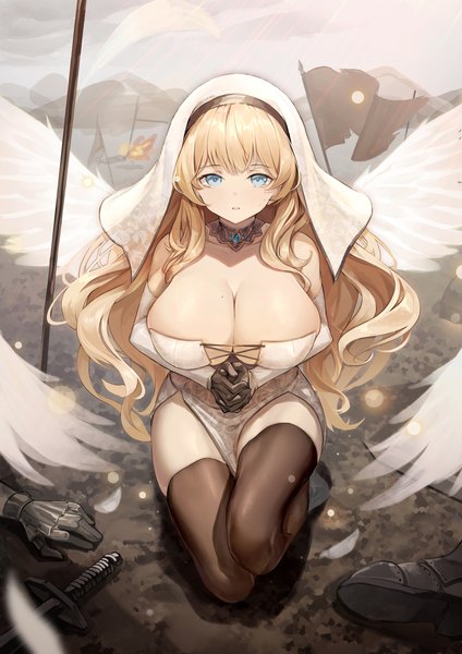 Anime picture 2500x3536 with original dampi long hair tall image looking at viewer fringe highres breasts open mouth blue eyes light erotic blonde hair large breasts bare shoulders cleavage full body blunt bangs from above mole tears