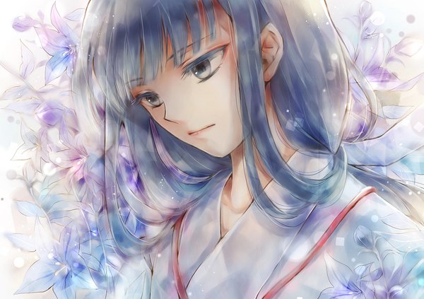 Anime picture 1000x706 with inuyasha kikyou (inuyasha) misaki yuu (misaki 1192) single long hair fringe blue hair upper body blunt bangs traditional clothes head tilt japanese clothes grey eyes looking down portrait low ponytail miko hair rings floral background alternate hair color