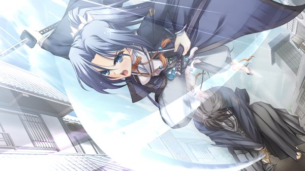 Anime picture 1280x720 with appare! tenka gomen katagiri hinata long hair open mouth blue eyes black hair wide image game cg ponytail traditional clothes girl weapon sword katana