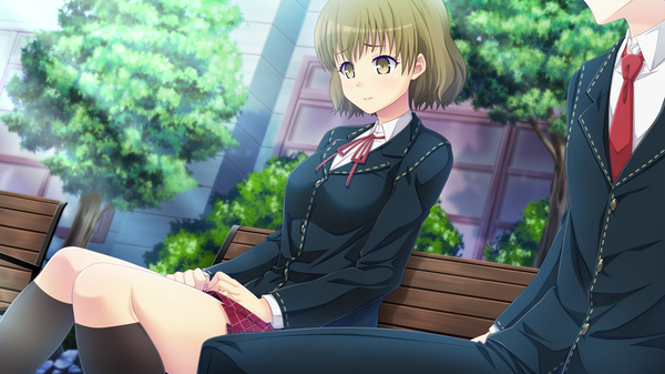 Anime picture 2560x1440 with kanojo step highres short hair wide image sitting brown eyes looking away game cg girl boy uniform plant (plants) school uniform tree (trees) socks black socks