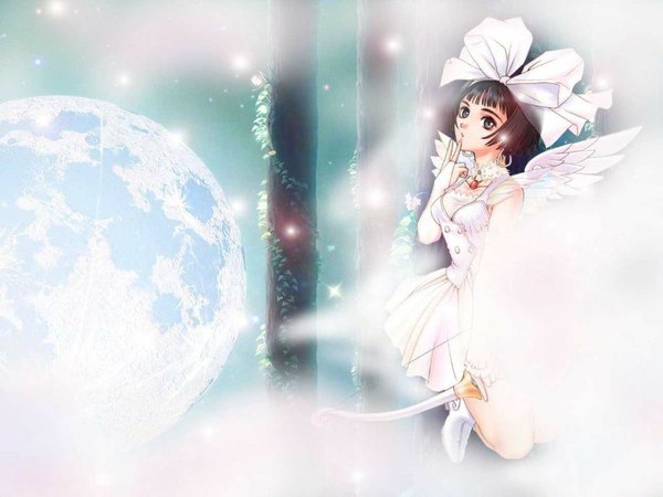 Anime picture 1024x768 with tony taka single looking at viewer short hair brown hair brown eyes finger to mouth third-party edit hand to mouth white wings space girl dress bow weapon hair bow earrings wings white dress moon