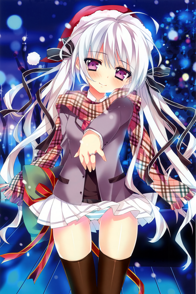 Anime picture 2287x3421 with original anapom single long hair tall image blush fringe highres light erotic standing twintails purple eyes white hair scan sparkle fur trim girl thighhighs skirt underwear