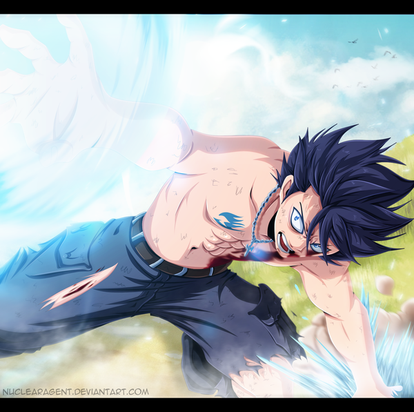 Anime picture 1649x1641 with fairy tail gray fullbuster nuclearagent single short hair open mouth blue eyes black hair sky cloud (clouds) tattoo torn clothes coloring magic letterboxed muscle angry screaming boy animal