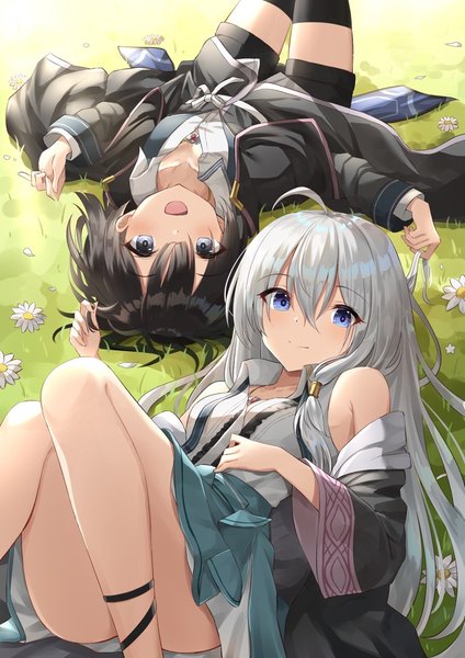 Anime picture 768x1086 with majo no tabitabi elaina (majo no tabitabi) saya (majo no tabitabi) kanaria hisagi long hair tall image looking at viewer fringe short hair open mouth blue eyes light erotic black hair smile hair between eyes multiple girls silver hair ahoge outdoors lying