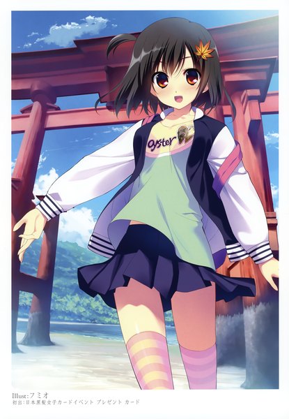 Anime picture 2406x3475 with original fumio (ura fmo) single tall image looking at viewer blush highres short hair open mouth black hair red eyes scan open clothes open jacket girl thighhighs skirt jacket striped thighhighs
