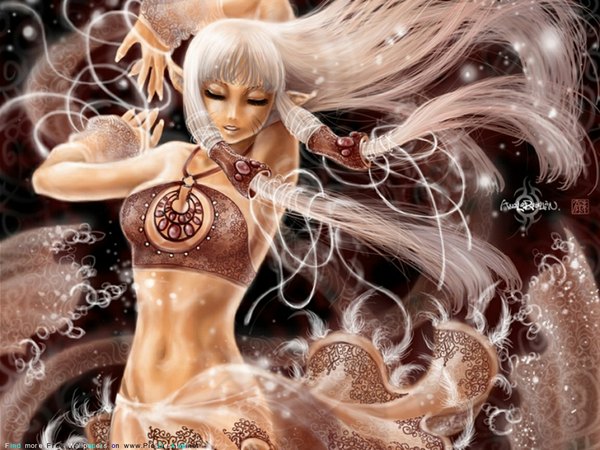 Anime picture 1152x864 with tagme (artist) single long hair white hair eyes closed pointy ears elf girl navel