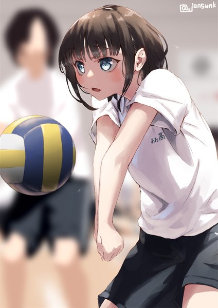 Anime picture 800x1131 with original jonsun tall image blush fringe short hair open mouth blue eyes black hair standing signed looking away blunt bangs blurry short sleeves depth of field twitter username solo focus hands clasped volleyball