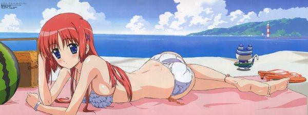 Anime picture 3200x1200 with da capo shirakawa kotori highres light erotic wide image beach summer swimsuit x hair ornament