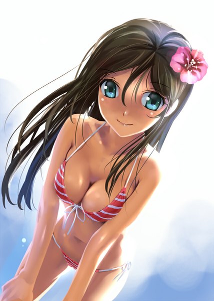 Anime picture 642x900 with original katahira masashi single long hair tall image looking at viewer blush breasts light erotic black hair smile bare shoulders hair flower aqua eyes sunlight bare belly wet leaning leaning forward tan