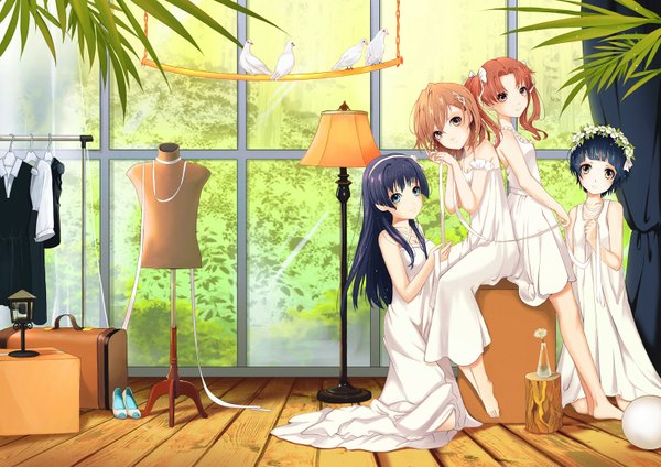 Anime picture 1600x1131 with to aru kagaku no railgun to aru majutsu no index j.c. staff misaka mikoto shirai kuroko saten ruiko uiharu kazari wang jiabo long hair looking at viewer blush blue eyes black hair brown hair sitting multiple girls brown eyes barefoot girl dress