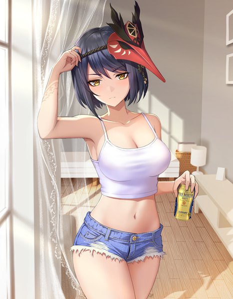 Anime picture 1050x1350 with genshin impact kujou sara sony kisaragi single tall image fringe short hair breasts black hair hair between eyes large breasts standing bare shoulders holding yellow eyes cleavage indoors arm up sunlight midriff