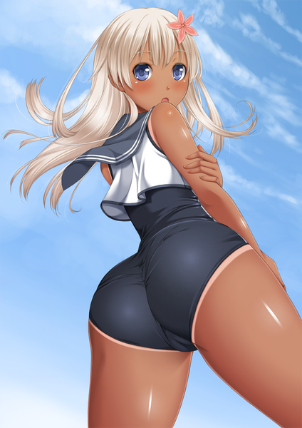 Anime picture 744x1052 with kantai collection ro-500 submarine chiro (pixiv) single long hair tall image blush open mouth blue eyes light erotic sky cloud (clouds) white hair girl swimsuit one-piece swimsuit sailor suit school swimsuit