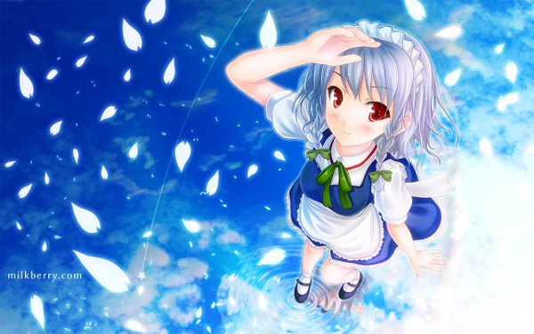 Anime picture 1280x800 with touhou izayoi sakuya kisaragi miyu short hair red eyes wide image silver hair maid girl petals