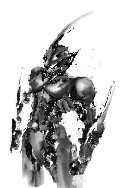Anime picture 1280x1916 with guyver guyver i lucfonzy single tall image standing white background horn (horns) sketch blank eyes boy weapon sword armor fist