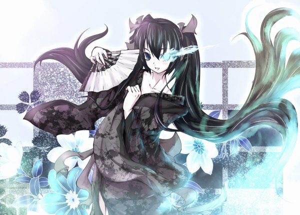 Anime picture 1200x861 with black rock shooter black rock shooter (character) ryuuzaki ichi single long hair looking at viewer fringe open mouth blue eyes black hair standing white background twintails long sleeves very long hair japanese clothes green hair floating hair glowing glowing eye (eyes)