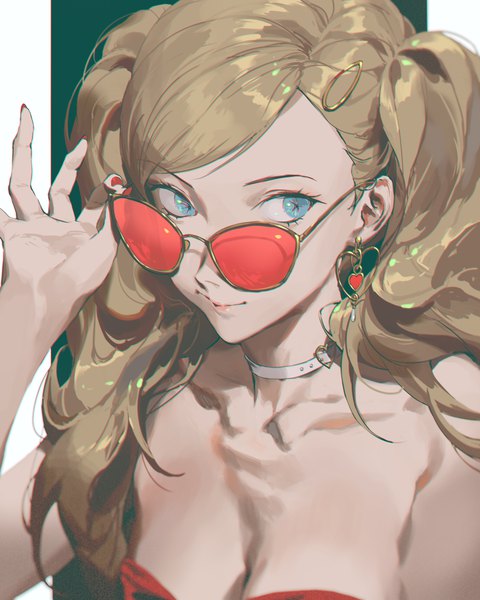 Anime picture 3200x4000 with persona 5 persona takamaki anne fajyobore single long hair tall image fringe highres breasts blue eyes blonde hair smile twintails looking away absurdres cleavage upper body nail polish arm up