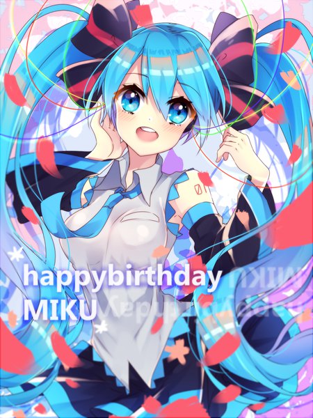 Anime-Bild 1200x1600 mit vocaloid hatsune miku motsuni (lxxe1120) single long hair tall image looking at viewer blush fringe open mouth blue eyes hair between eyes twintails blue hair teeth character names happy birthday girl bow hair bow