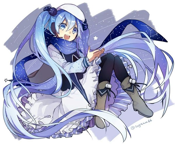 Anime picture 1024x846 with vocaloid hatsune miku yuki miku sogawa single fringe open mouth blue eyes hair between eyes twintails signed blue hair full body bent knee (knees) very long hair constellation girl pantyhose boots headphones