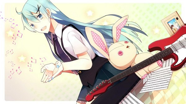 Anime picture 1000x561 with vocaloid hatsune miku yuki (t128) single long hair open mouth wide image aqua eyes aqua hair girl dress hair ornament socks hairclip black socks toy x hair ornament stuffed animal guitar bunny