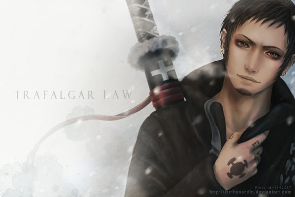 Anime picture 1000x670 with one piece toei animation trafalgar law rainnoir single short hair black hair brown eyes signed inscription tattoo snowing winter snow exhalation no hat boy weapon earrings sword