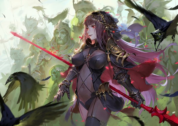 Anime picture 1181x835 with fate (series) fate/grand order scathach (fate) (all) scathach (fate) qmo (chalsoma) long hair fringe breasts light erotic hair between eyes red eyes standing holding looking away purple hair parted lips covered navel covered nipples solo focus knight