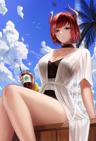 Anime picture 879x1285 with dungeon and fighter monaim single tall image looking at viewer fringe short hair breasts light erotic large breasts holding green eyes sky cleavage cloud (clouds) outdoors red hair blunt bangs horn (horns) bare legs