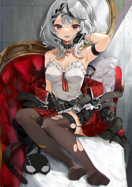 Anime picture 2480x3500 with virtual youtuber hololive sakamata chloe sakamata chloe (1st costume) mikanoisi single tall image looking at viewer blush fringe highres short hair open mouth smile red eyes sitting bare shoulders payot full body ahoge