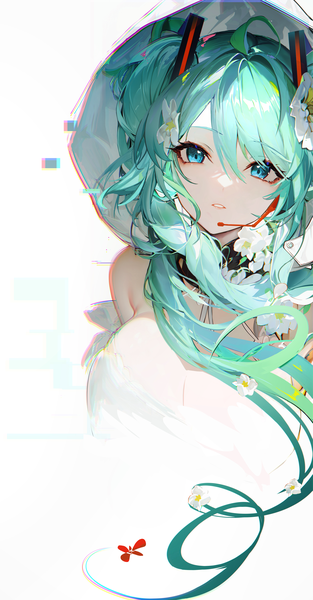Anime picture 5200x9960 with vocaloid hatsune miku omone hokoma agm single long hair tall image looking at viewer fringe highres simple background hair between eyes white background twintails absurdres upper body ahoge parted lips hair flower aqua eyes aqua hair