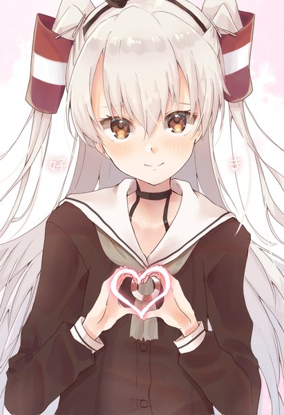 Anime picture 548x800 with kantai collection amatsukaze destroyer u yuz xx single long hair tall image looking at viewer blush fringe simple background smile hair between eyes white background brown eyes upper body white hair two side up sailor collar heart hands girl