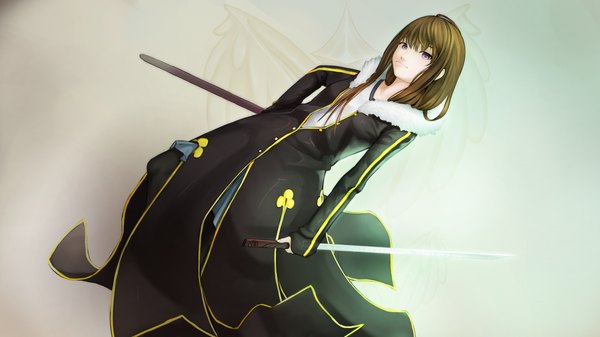 Anime picture 4608x2592 with noragami studio bones iki hiyori forgotten-wings single long hair looking at viewer highres brown hair wide image absurdres pink eyes girl weapon sword katana clothes