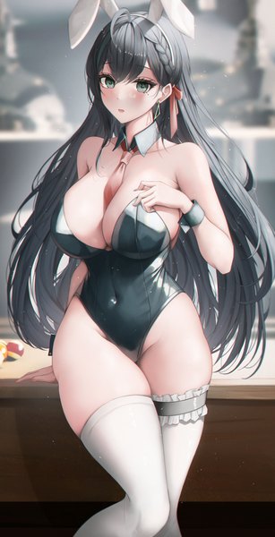 Anime picture 2560x5000 with tower of fantasy lin (tower of fantasy) bsmage single long hair tall image looking at viewer blush fringe highres breasts open mouth light erotic black hair hair between eyes large breasts standing green eyes animal ears cleavage