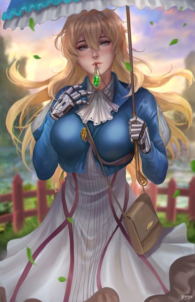 Anime-Bild 3300x5100 mit violet evergarden kyoto animation violet evergarden (character) nopeys single long hair tall image looking at viewer blush fringe highres breasts blue eyes blonde hair hair between eyes large breasts standing holding signed absurdres