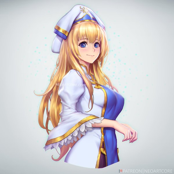 Anime picture 1000x1000 with goblin slayer! priestess (goblin slayer!) nudtawut thongmai single long hair looking at viewer blush fringe breasts blue eyes simple background blonde hair smile hair between eyes large breasts standing signed grey background wide sleeves girl