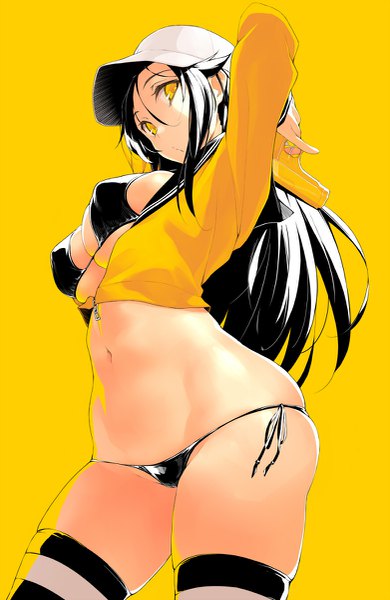 Anime picture 781x1200 with original kekemotsu single long hair tall image looking at viewer fringe breasts light erotic black hair simple background hair between eyes large breasts holding yellow eyes cleavage from below underboob covered nipples yellow background