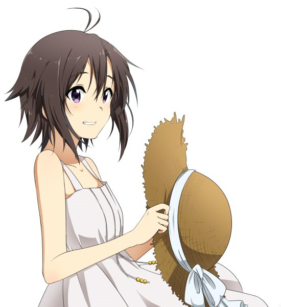 Anime picture 1100x1200 with idolmaster idolmaster (classic) kikuchi makoto koiwai ringo single tall image blush short hair simple background smile brown hair white background purple eyes bare shoulders holding looking away wind hat removed headwear removed girl