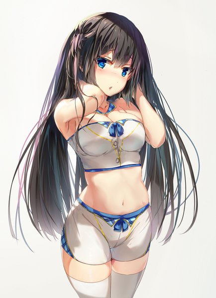 Anime picture 818x1130 with original wingheart single long hair tall image looking at viewer blush breasts open mouth blue eyes black hair simple background standing bare shoulders cleavage grey background armpit (armpits) midriff girl thighhighs