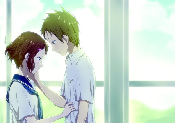 Anime picture 1133x800 with hyouka kyoto animation ibara mayaka fukube satoshi blush short hair brown hair purple eyes brown eyes profile couple girl boy hair ornament shirt serafuku hairclip