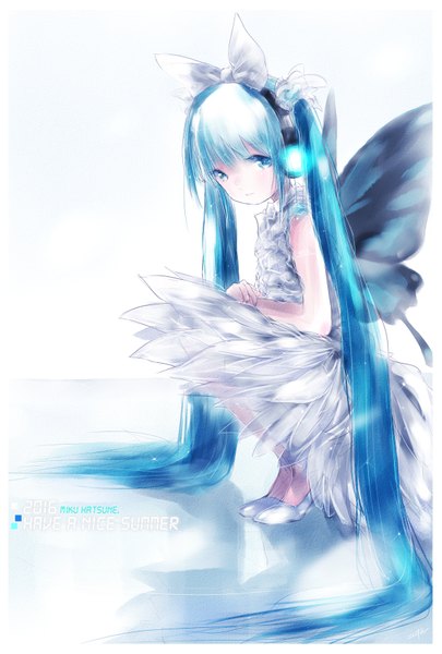 Anime picture 1181x1748 with vocaloid hatsune miku kowiru single tall image looking at viewer fringe blue eyes twintails blue hair full body bent knee (knees) very long hair sparkle tattoo high heels alternate costume character names glowing reflection