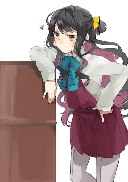 Anime picture 595x842 with kantai collection naganami destroyer hita (hitapita) single long hair tall image fringe black hair simple background white background yellow eyes pink hair multicolored hair two-tone hair hair bun (hair buns) hand on hip looking down colored inner hair girl uniform
