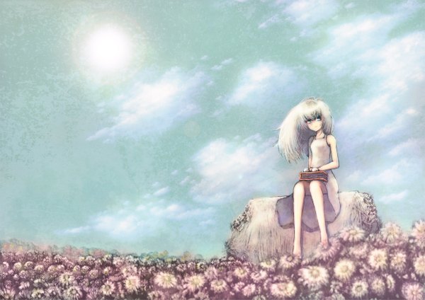 イラスト 2480x1753 と オリジナル コロ ソロ 長髪 highres 青い目 笑顔 座る 空 cloud (clouds) white hair field 女の子 本 サラファン