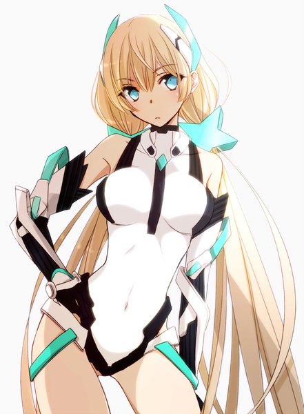 Anime picture 800x1088 with expelled from paradise angela balzac tsukimori usako single long hair tall image fringe breasts blue eyes light erotic simple background blonde hair large breasts standing white background twintails bare shoulders low twintails hands behind back girl
